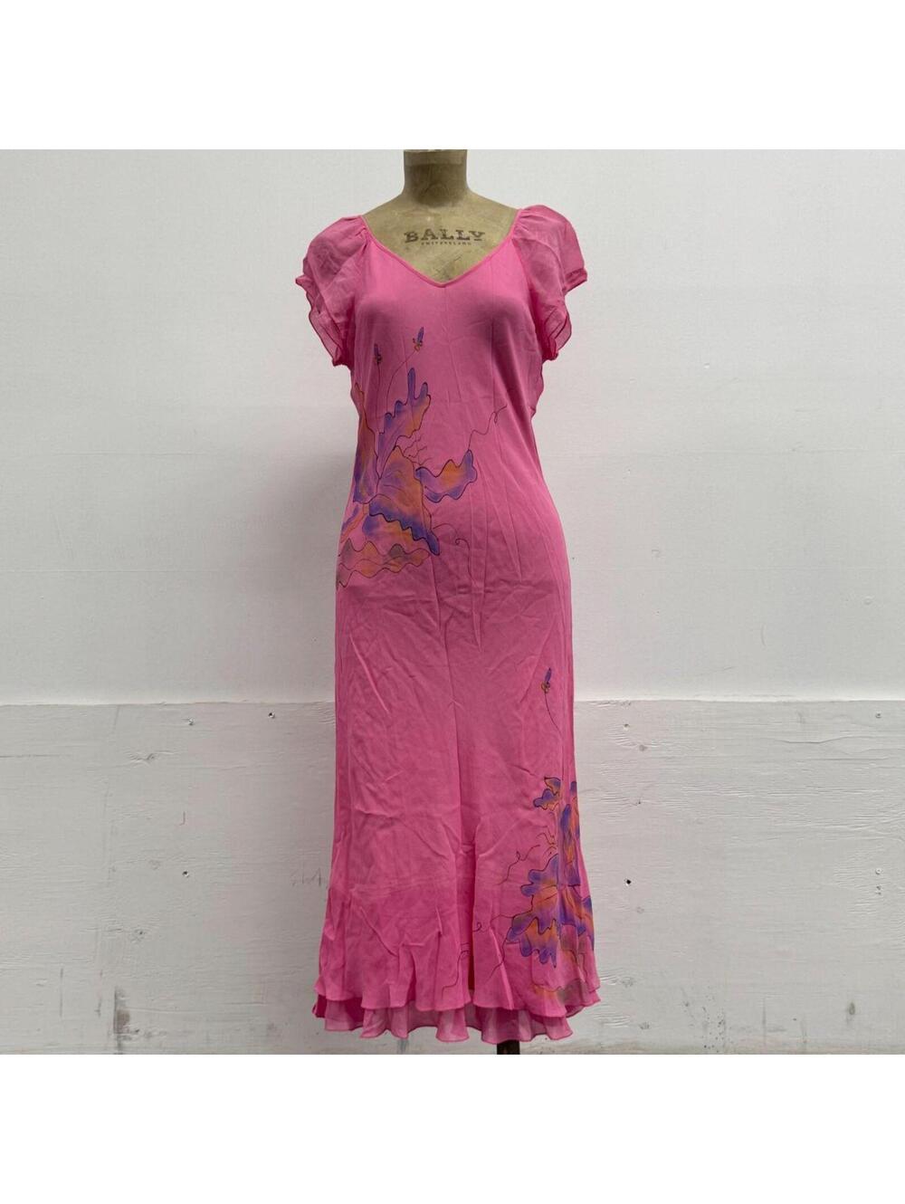 Vintage Y2K Hand-Painted Bubblegum Pink Silk Flutter Midi Dress